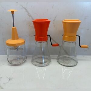 Vintage Lot of Three Androck Orange and Yellow Manual Nut Grinders and Chopper